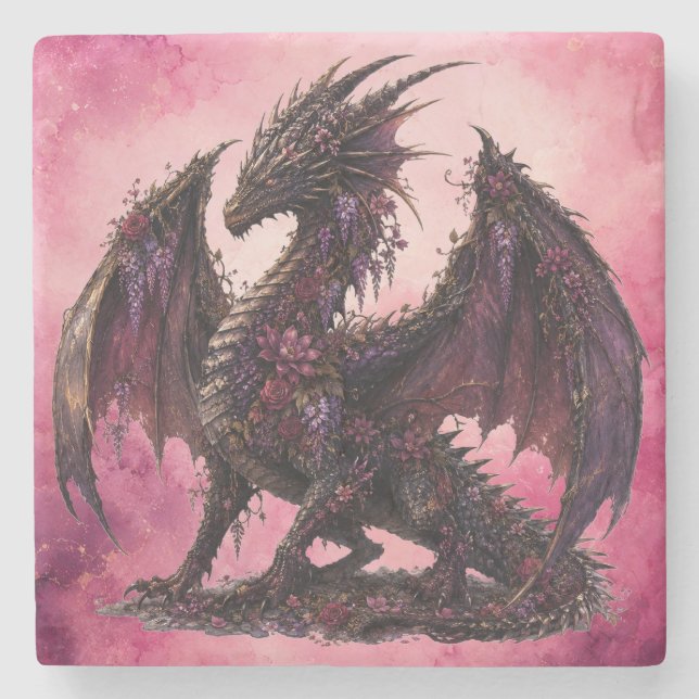 Flower Dragon | Botanical Fantasy Dragon Stone Coaster (Front)