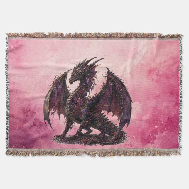 Flower Dragon | Botanical Fantasy Dragon Throw Blanket (Front)