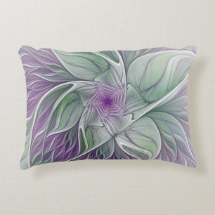 Flower Dream, Abstract Purple Green Fractal Art Accent Pillow