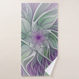 Flower Dream, Abstract Purple Green Fractal Art Bath Towel