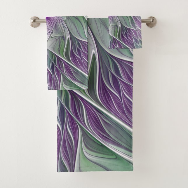 Flower Dream, Abstract Purple Green Fractal Art Bath Towel Set (Insitu)