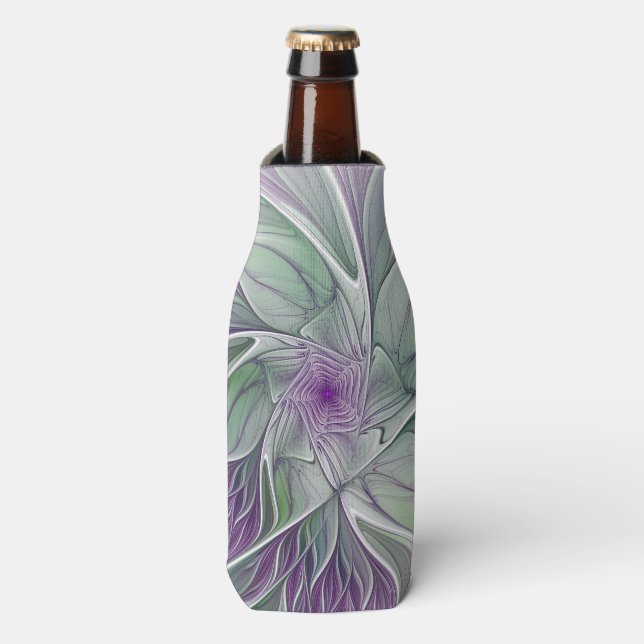 Flower Dream, Abstract Purple Green Fractal Art Bottle Cooler (Bottle Front)