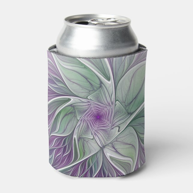 Flower Dream, Abstract Purple Green Fractal Art Can Cooler (Can Front)