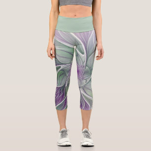Flower Dream, Abstract Purple Green Fractal Art Capri Leggings