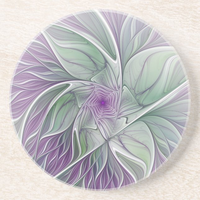 Flower Dream, Abstract Purple Green Fractal Art Coaster (Front)