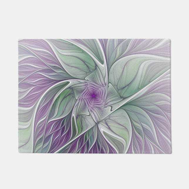 Flower Dream, Abstract Purple Green Fractal Art Doormat (Front)