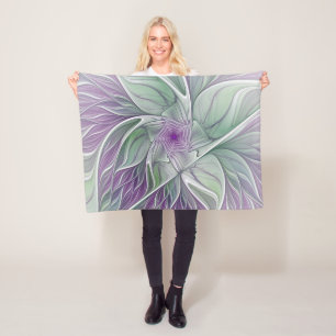 Flower Dream, Abstract Purple Green Fractal Art Fleece Blanket