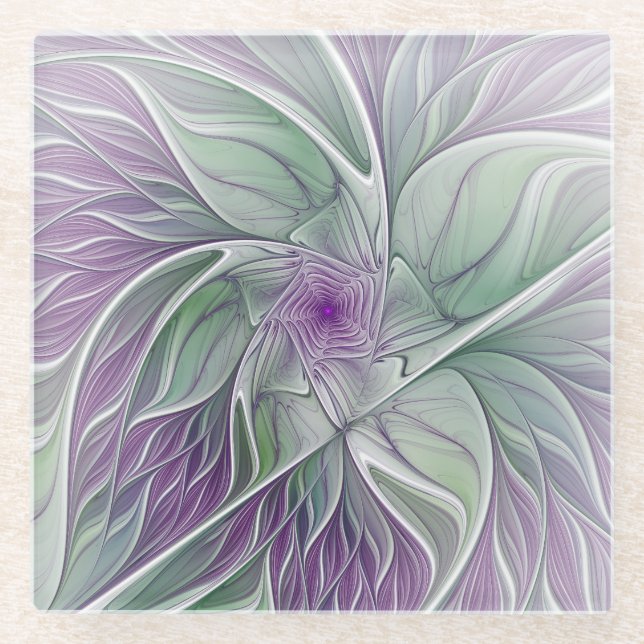 Flower Dream, Abstract Purple Green Fractal Art Glass Coaster (Front)