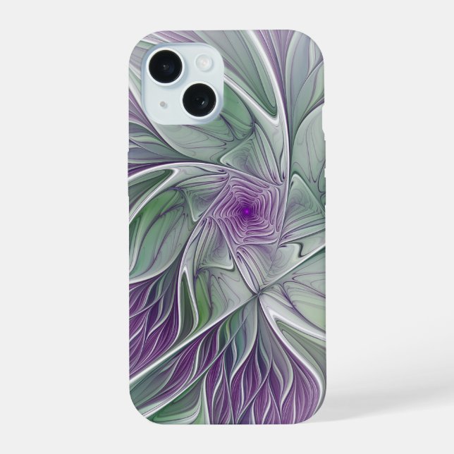 Flower Dream, Abstract Purple Green Fractal Art iPhone 15 Case (Back)
