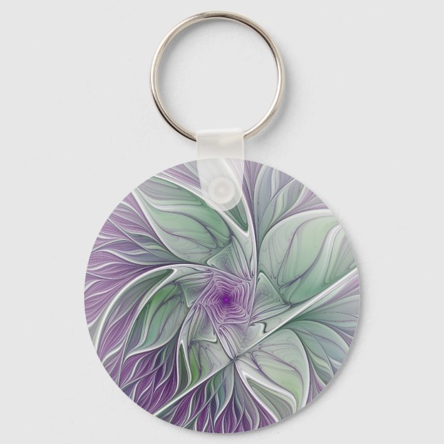 Flower Dream, Abstract Purple Green Fractal Art Keychain (Front)