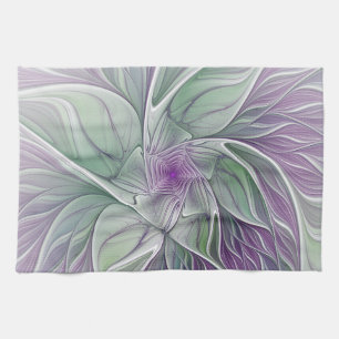 Flower Dream, Abstract Purple Green Fractal Art Kitchen Towel