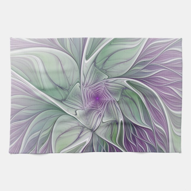 Flower Dream, Abstract Purple Green Fractal Art Kitchen Towel (Horizontal)