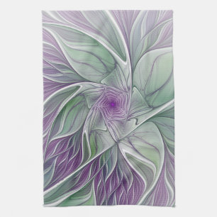 Flower Dream, Abstract Purple Green Fractal Art Kitchen Towel
