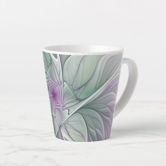 Flower Dream, Abstract Purple Green Fractal Art Latte Mug (Right Angle)