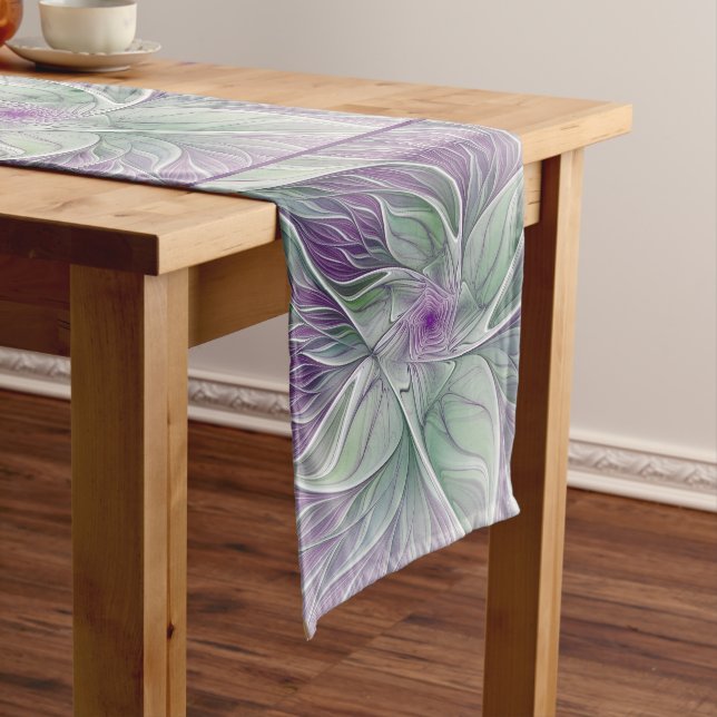 Flower Dream, Abstract Purple Green Fractal Art Long Table Runner (In Situ)