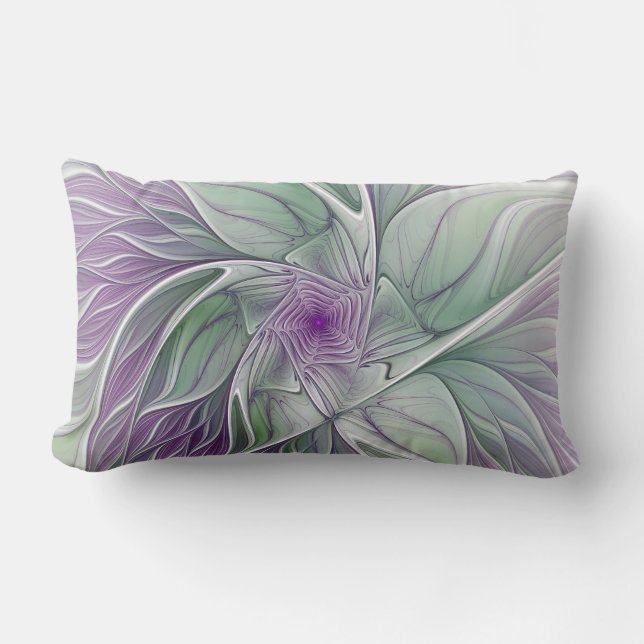 Flower Dream, Abstract Purple Green Fractal Art Lumbar Pillow (Front)