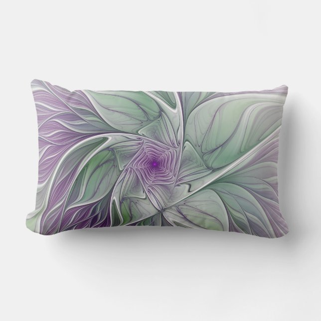 Flower Dream, Abstract Purple Green Fractal Art Lumbar Pillow (Front)