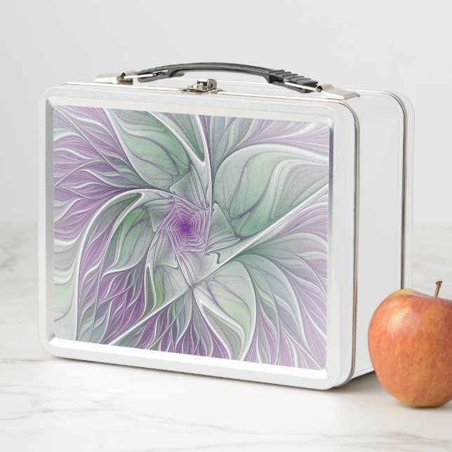 Flower Dream, Abstract Purple Green Fractal Art Metal Lunch Box (In Situ)