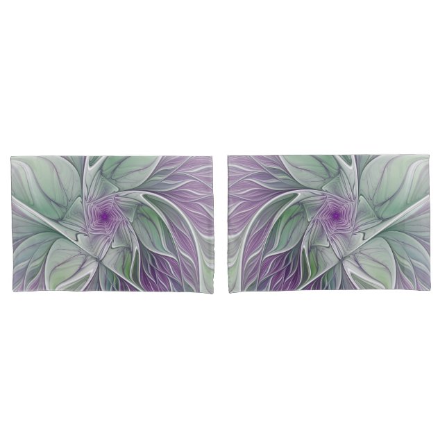 Flower Dream, Abstract Purple Green Fractal Art Pillowcase (Front-Set)