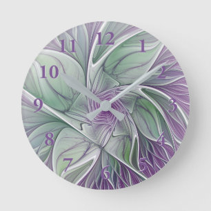 Flower Dream, Abstract Purple Green Fractal Art Round Clock