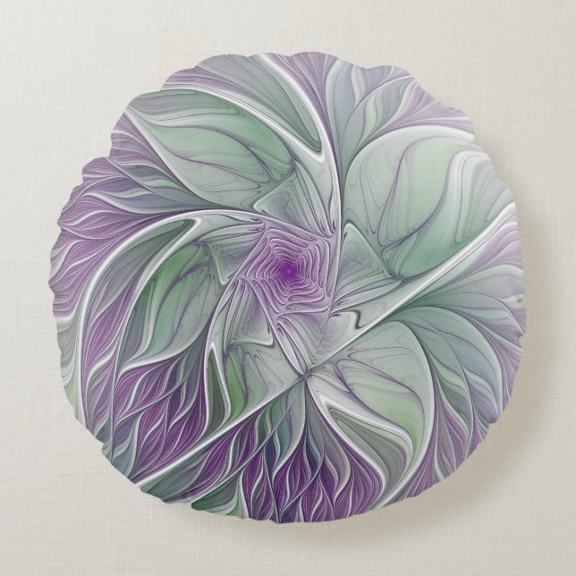 Flower Dream, Abstract Purple Green Fractal Art Round Pillow (Front)