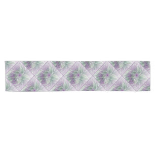 Flower Dream, Abstract Purple Green Fractal Art Short Table Runner