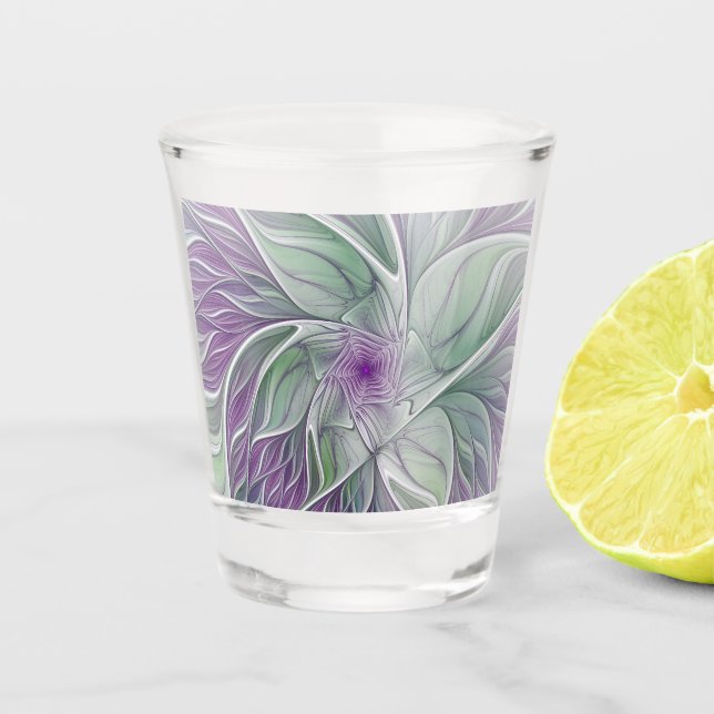 Flower Dream, Abstract Purple Green Fractal Art Shot Glass (Front)