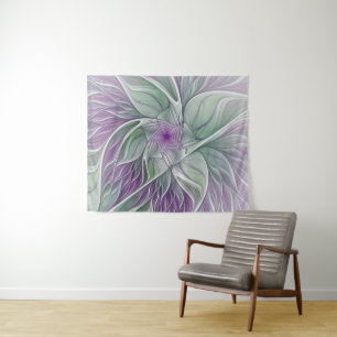Flower Dream, Abstract Purple Green Fractal Art Tapestry