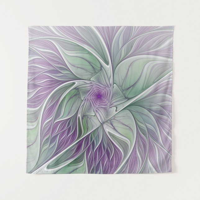 Flower Dream, Abstract Purple Green Fractal Art Tapestry (Front)