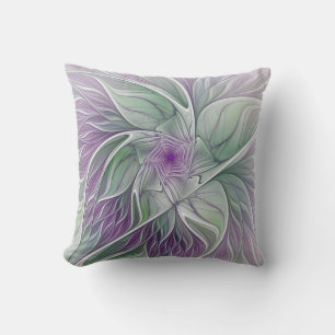 Flower Dream, Abstract Purple Green Fractal Art Throw Pillow