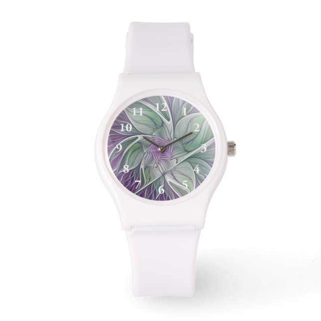 Flower Dream, Abstract Purple Green Fractal Art Watch (Front)