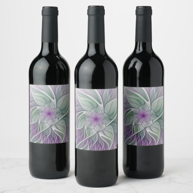 Flower Dream, Abstract Purple Green Fractal Art Wine Label (Bottles)