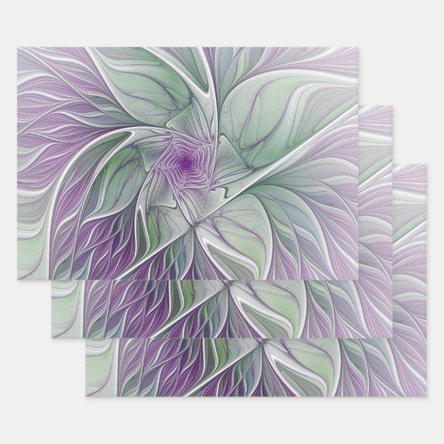 Flower Dream, Abstract Purple Green Fractal Art Wrapping Paper Sheet (Set)