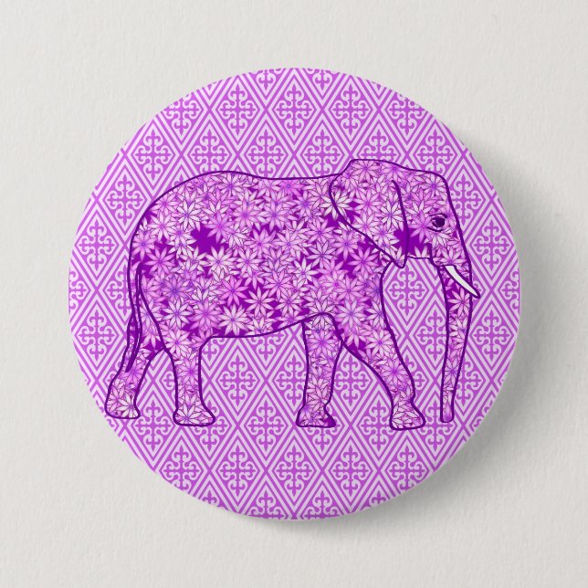 Flower elephant - amethyst purple 3 inch round button (Front)