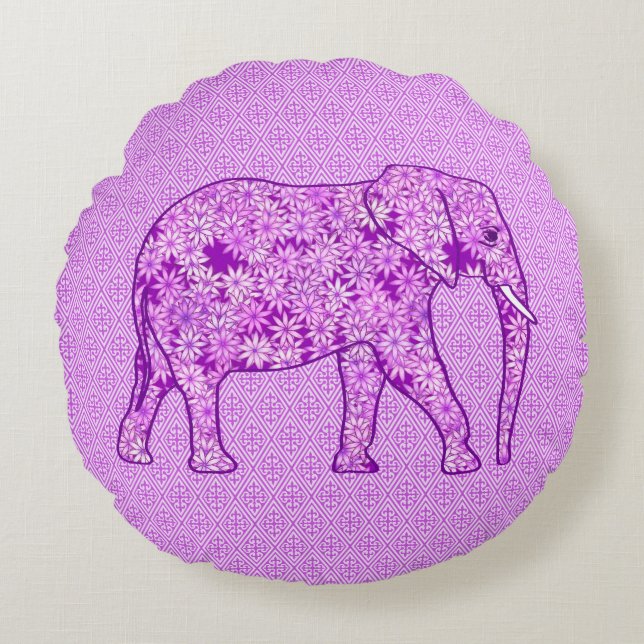 Flower elephant - amethyst purple round pillow (Front)