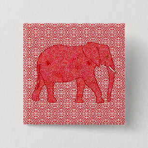 Flower elephant - deep red and coral 2 inch square button