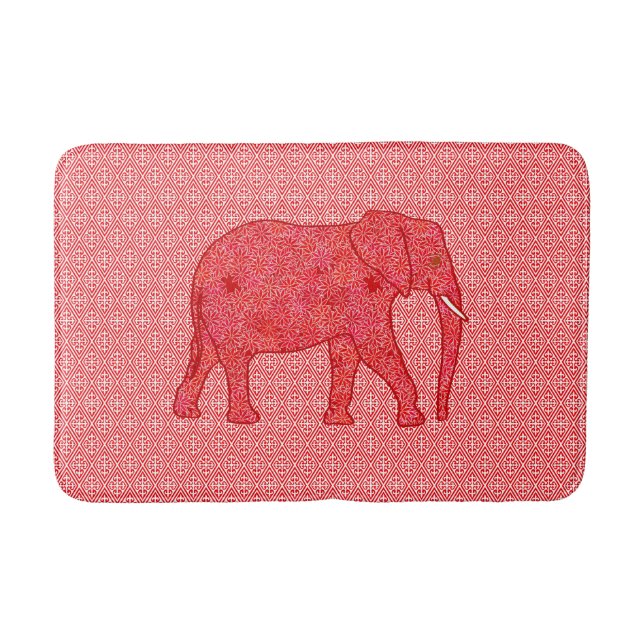Flower elephant - deep red and coral bath mat (Front)