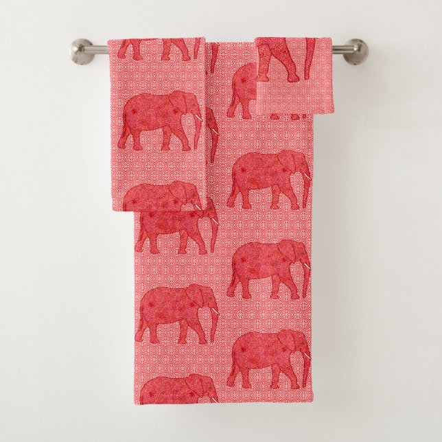 Flower Elephant, Deep Red and Coral Bath Towel Set (Insitu)