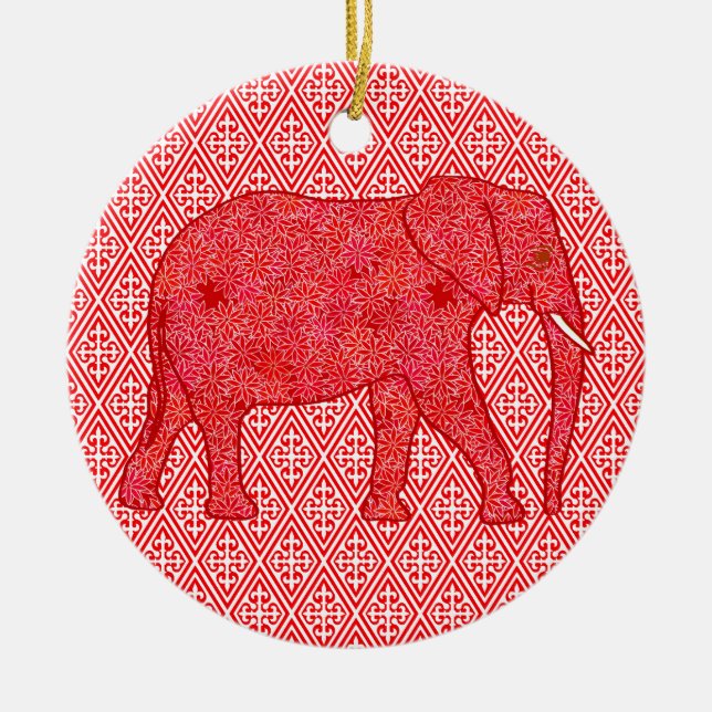 Flower elephant - deep red and coral ceramic ornament (Front)