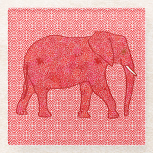 Flower elephant - deep red and coral glass coaster