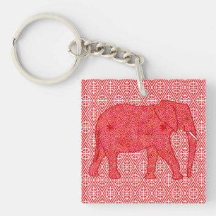 Flower elephant - deep red and coral keychain