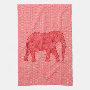 Flower elephant - deep red and coral kitchen towel