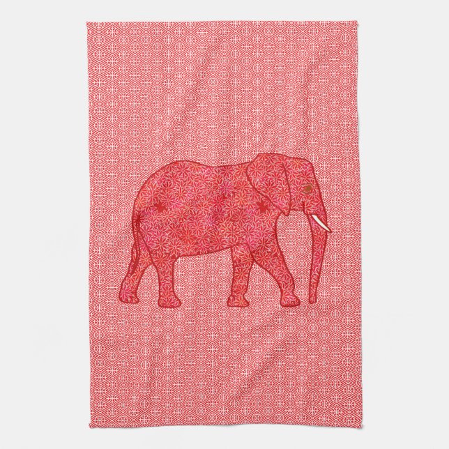 Flower elephant - deep red and coral kitchen towel (Vertical)