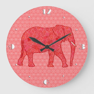 Flower elephant - deep red and coral large clock