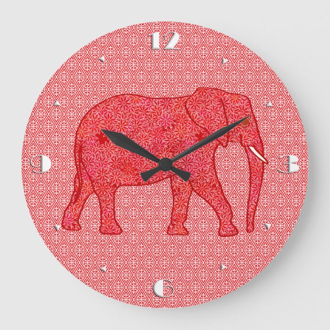 Flower elephant - deep red and coral large clock (Front)