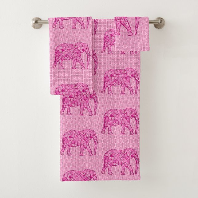 Flower Elephant, Fuchsia and Pastel Pink  Bath Towel Set (Insitu)