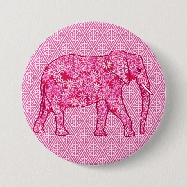 Flower elephant - fuchsia pink 3 inch round button (Front)