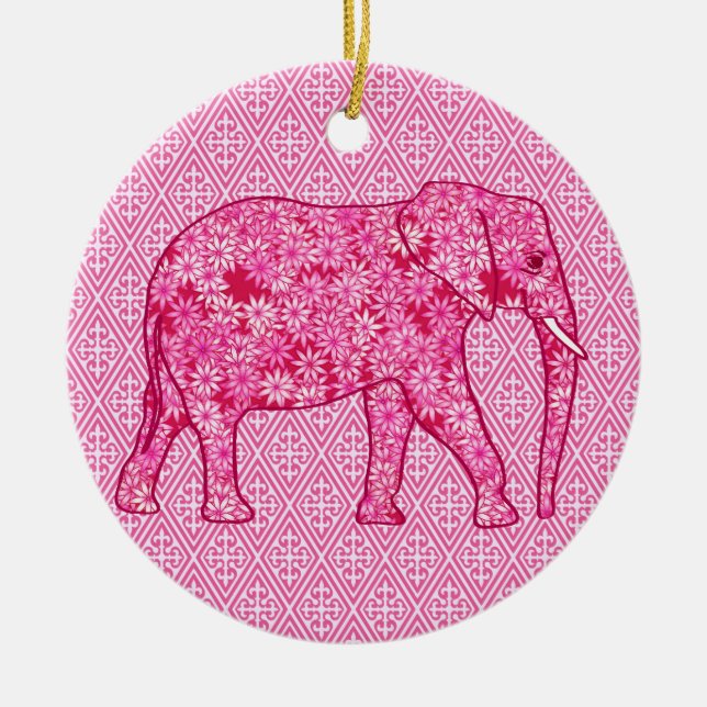 Flower elephant - fuchsia pink ceramic ornament (Front)