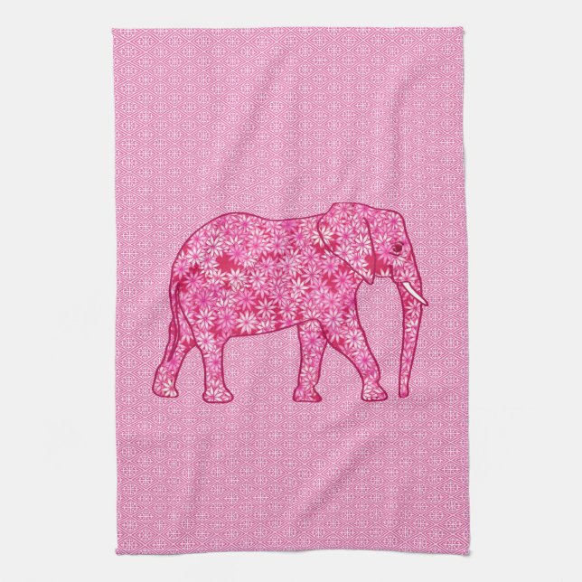 Flower elephant - fuchsia pink kitchen towel (Vertical)