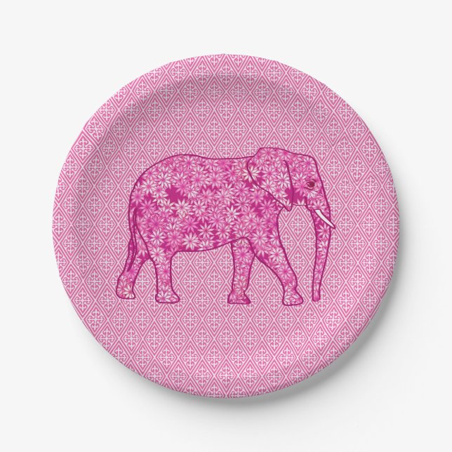 Flower elephant - fuchsia pink paper plate (Front)